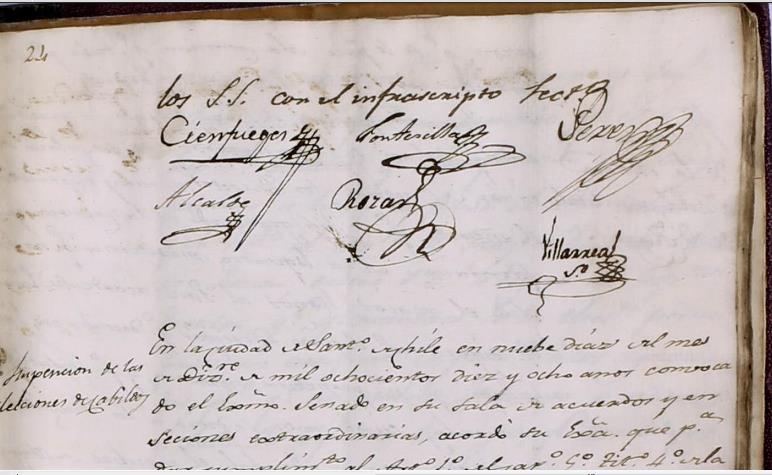 <p>Archivo histórico del Senado, tomo 1, firmas de senadores Cienfuegos, Rozas, Fontecilla, Pérez, Alcalde y Villarreal</p>